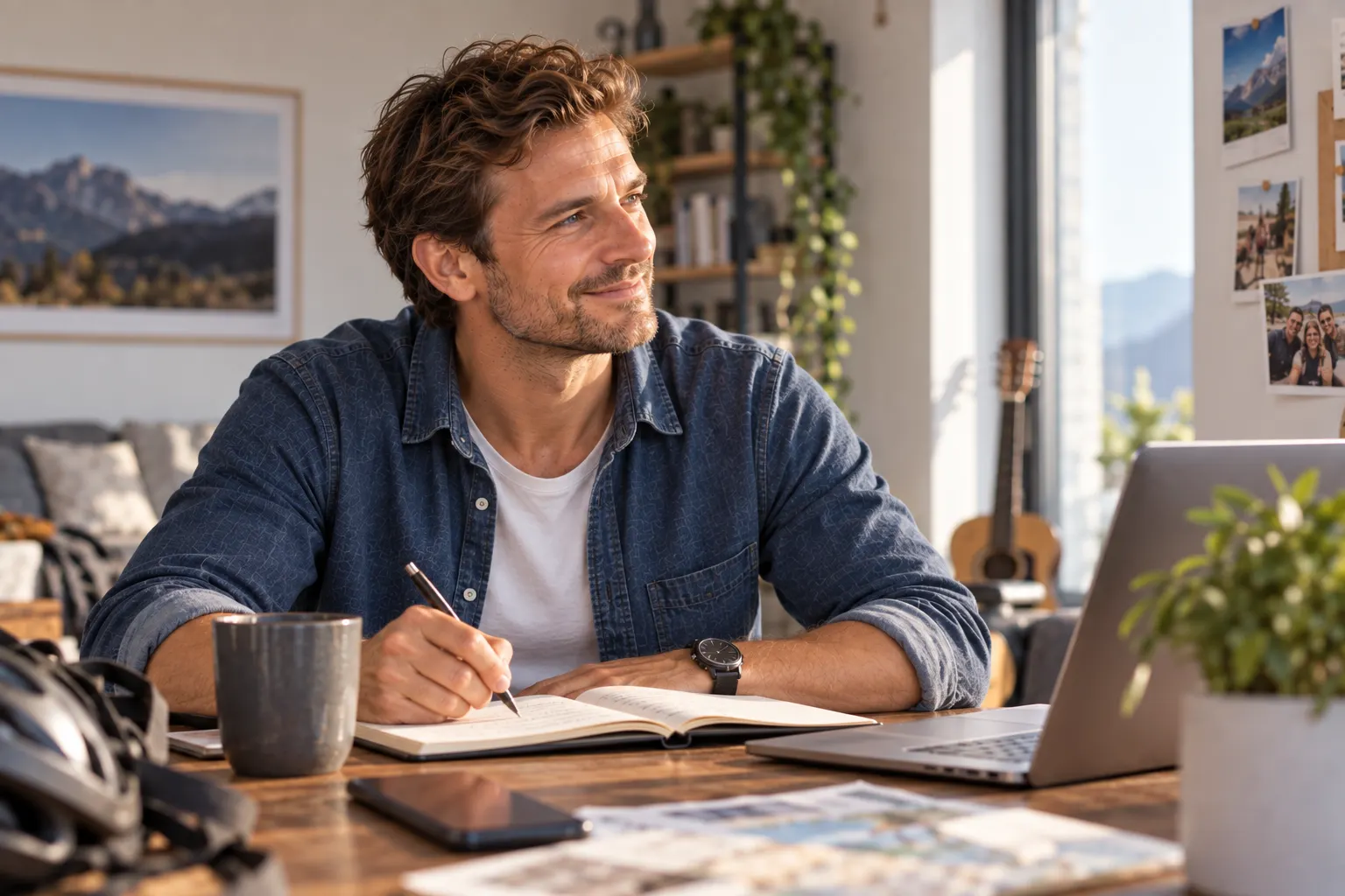 Max mit 36 am Schreibtisch, er schreibt in ein Notizbuch und schaut lächelnd aus dem Fenster