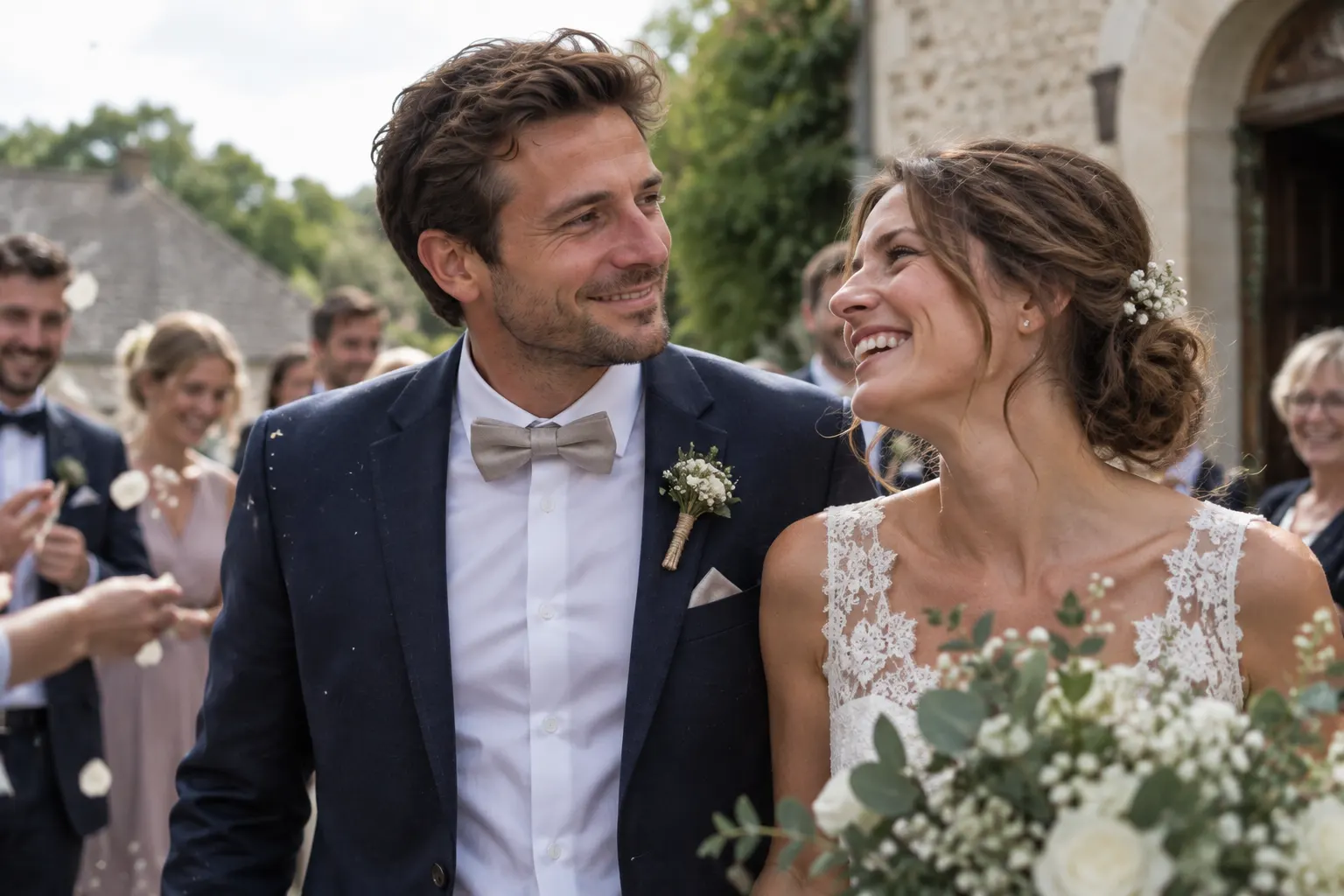 Max mit 42 bei seiner Hochzeit, er und seine Frau lachen sich an