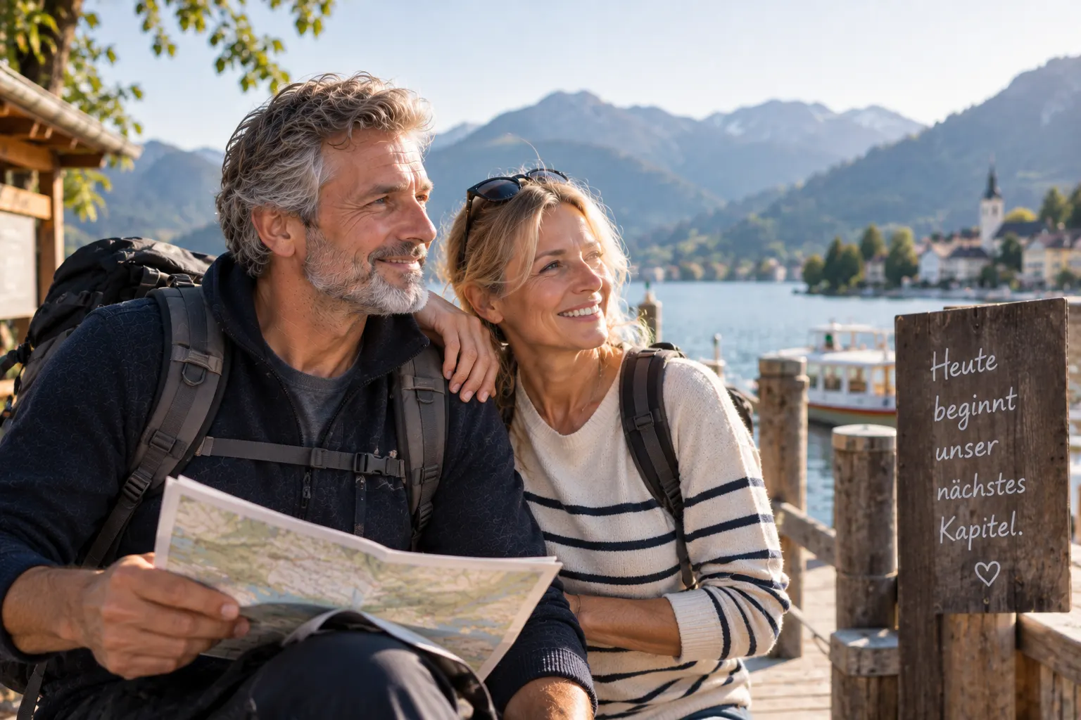 Max mit 67 und seine Frau mit Rucksäcken und Wanderkarte an einem Bergsee, daneben ein Schild: Heute beginnt unser nächstes Kapitel